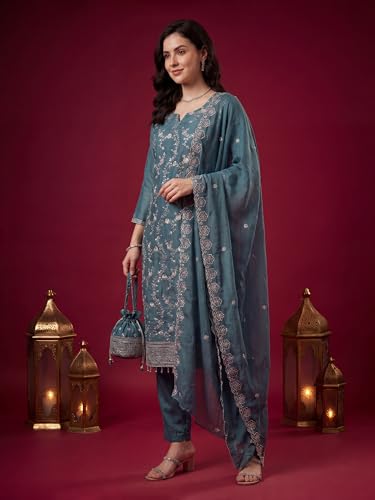 Image of INDO ERA Women's Silk Blend Straight Kurta with Pant & Dupatta Set