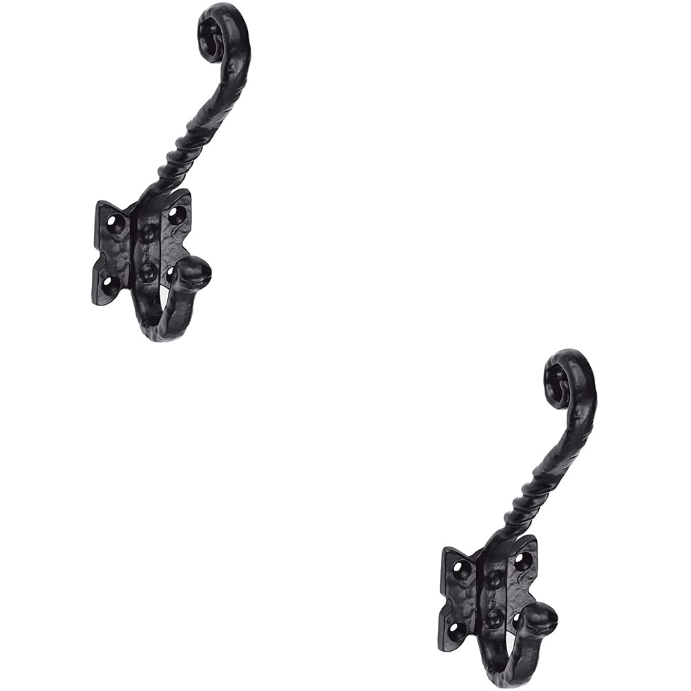 2x Ornate Twisted Hat & Coat Hooks - Butterfly Backplate - 82mm Projection - Black Antique