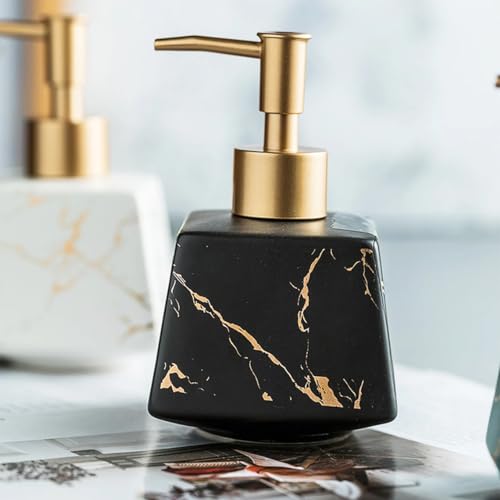Image of Luxury Ceramic Soap Dispenser (Luxe Black) - 300 ml Matte Glazed with Gold Marbling Triangular Refillable Lotion & Handwash Pump Bottle for Bathroom, Kitchen Sink & Wash Basin Decor