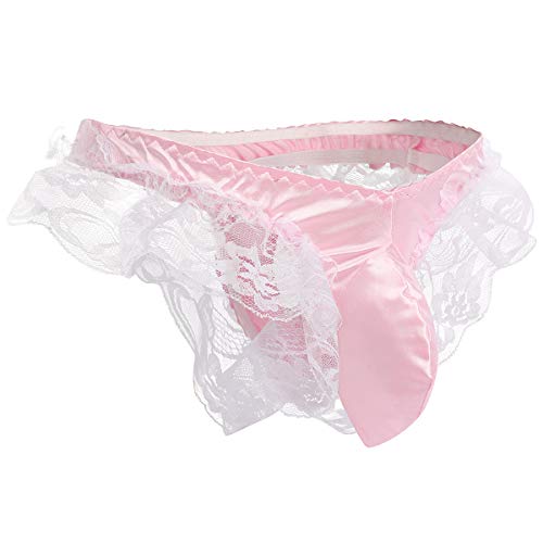 Sexy Men’s Floral Lace Underwear Shiny Satin Sissy Pouch Crossdress G-String Thong Panties Maid Cosplay Lingerie Brief