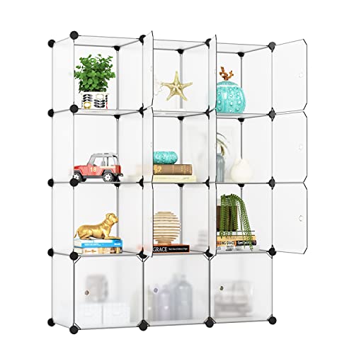 BASTUO Cube Storage Organizer, 12-Cube Plastic DIY Cabinet Units, Modular Bookcase Shelves Organizer Wardrobe Closet with Door for Livingroom, Bedroom and Office