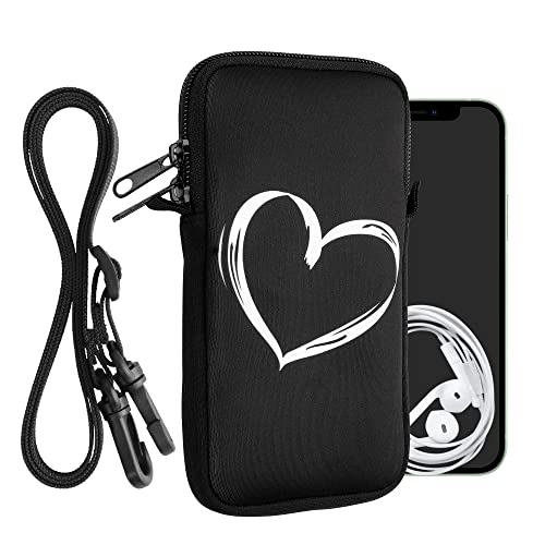 kwmobile Neoprene Phone Bag with Design XXL - 7" - 17.7 x 8.5 cm Strap Holder - Brushed Heart White/Black