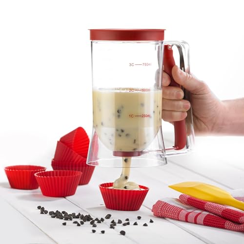 Foto von Westmark Teigportionierer - Crêpes Maker mit Deckel & Skala - 900ml Volumen - ideal auch für Muffins & Waffeln - glasklarer Kunststoff - kein Teigschaber mehr nötig (rot)