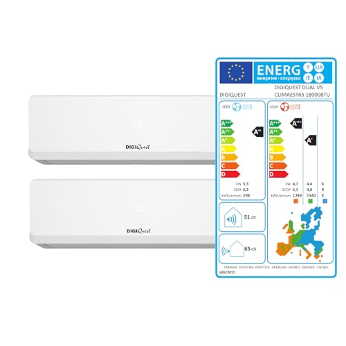 Aire acondicionado Digiquest Dual Inverter V5 9000+12000 Wi-Fi R32 clase de eficiencia energética A++ refrigeración/A+++ calefacción I Feel flujo de aire 3D Turbo Noche SEER 6,2 SCOP 5,1 CLIMA00066