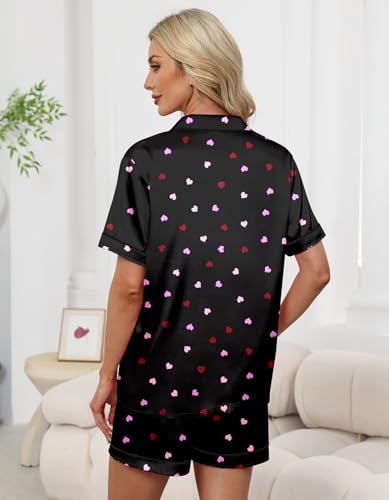 Image of Schbbbta Women Pajamas Set, 2 Pieces Satin Silk Button Down Pjs Short Sleeve Outfits Loungewear