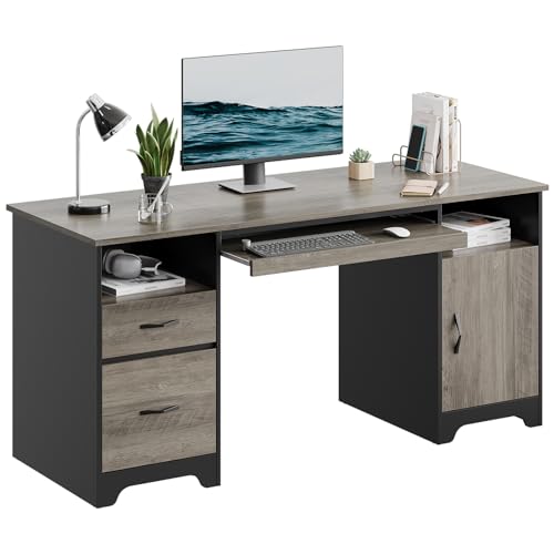 Bestier 59” Executive Desk with 2 Drawers, Computer Desk with Storage Cabinet, Industrial Wood Desk with File Drawer, Keyboard Tray & 2 Pedestals for Home Office & Studio, Gray