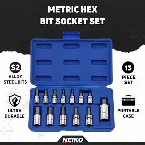 Image of NEIKO 10074A Metric Hex Bit Socket Set | 13-Piece Set | S2 and Cr-V Steel | 1 /4-Inch, 3 /8-Inch and 1 /2-Inch Drive | 2mm to 14mm