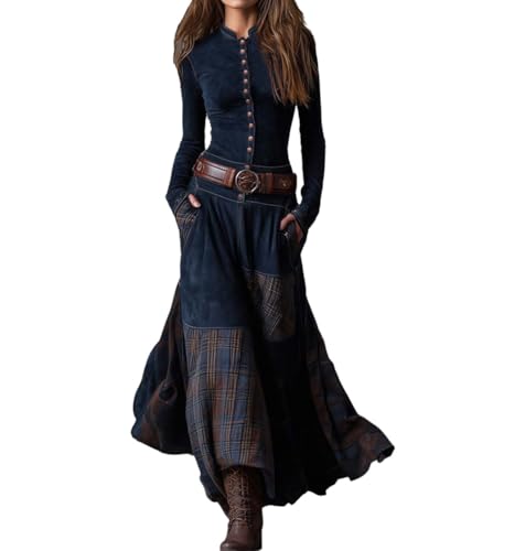 RIOQHID Blau,M,Vintage-Western-Maxikleid für Damen, Herbst, lässig, langärmelig, Stehkragen, schmales, langes Kariertes Patchwork-Wildlederkleid