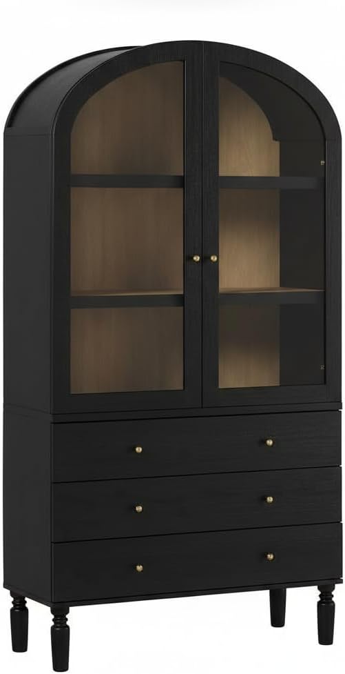 Darci - Estantería moderna arqueada con puertas de cristal y cajones inferiores, 74 pulgadas, color negro