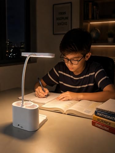 Image of SaleOn X1 Pro Desk Lamp Hub with 3 Pencil Holders, Mobile Stand, 3 Color Modes, Stepless Brightness, Dual Touch Control, Bottom Night Light, USB Powered Study Lamp for Kids & Office, 6 Month Warranty