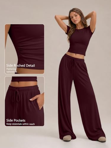 Image of Trendy Queen 2 Piece Matching Summer Lounge Set Womens Side Ruching Top Wide Leg Pants Sets with Pockets