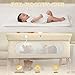 Kiniew Baby Crib for Newborn, Baby Bassinets Bedside Sleeper with Breathable Mesh & Mattress, Easy Move Crib for Newborns with Lockable Wheels, 4-Adjustable Height Beside Bassinet (Beige)