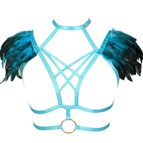Women Strappy Feathers Body Harness Elastic Cupless Bra Hollow Out Tops Epaulette Shoulder Wing Punk Goth Rave Festival Burning Man Costumes Jade Green