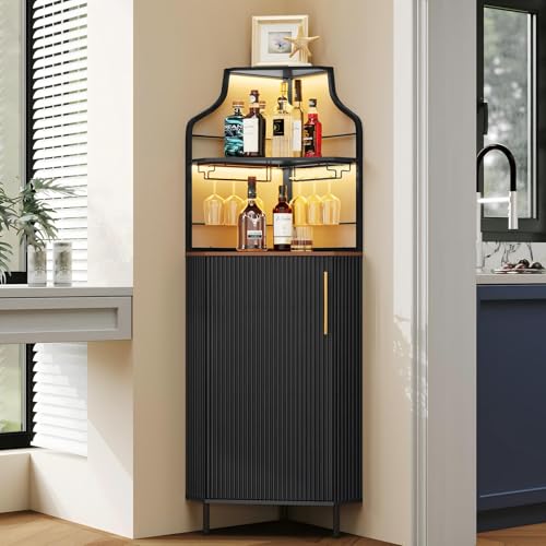 ARTPOWER Corner Bar Cabinet with LED Strip, 4-Tiers Modern Corner Coffee Bar with Glass Holder, Fluted Tall Liquor Cabinet for Kitchen, Dining Room, Living Room, Black