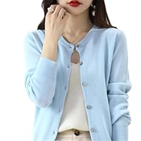 Couawaticy Ladies Cardigans Women's Cashmere Cardigan Round Neck Sweater Spring Autumn Winter Long Sleeve Knitted Solid Color Soft Cardigan Sweater 3-Light Blue L