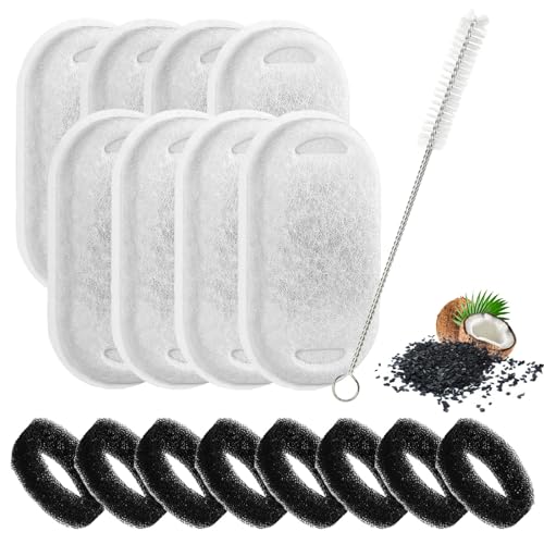 Byepoui Cat Water Fountain Filters Replacement (16-Piece Pack) - 8 Filters + 8 Sponges + Cleaning Brush - Compatible with 3L (108oz) & 2L (67oz) Stainless Steel Pet Fountains