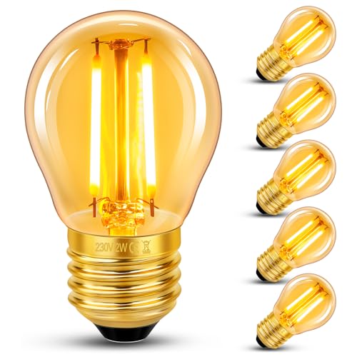6 Stück E27 LED 2W Edison Vintage Glühbirne, G45 Vintage Glühlampe, Ersetzt 20W Glühlampen, Warmweiß 2200K Bernstein Glas Lampe, Nicht Dimmbar, Nostalgische Dekoration für Zuhause, Hotel, Café, Bar