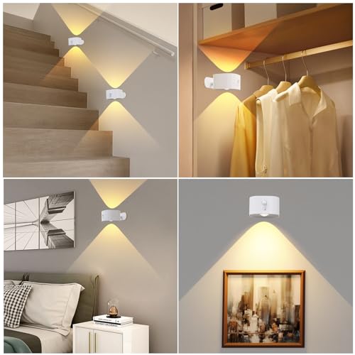 Image of UP&Down Light Source Wall Sconces with Motion Sensor, Cordless LED Wall Night Lights 360Rotate & Rechargeable Battery Operated, 3 Brightness, Indoor Motion Detection Wall Lamps for Pic Corridor-White