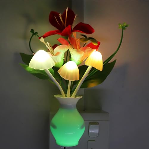Image of AUSAYE Plug-in Night Light with Auto Light Sensor,RGB LED Mushroom Night Light Wall Red Lily Flower Lamp for Adults Kids Nursery Room,Bedroom,Lounge,Bathroom,Stairs