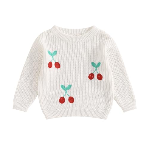 Toddler Girls Sweater Cherry Embroidery Crew Neck Long Sleeve Kids Pullovers Fall Clothes Tops