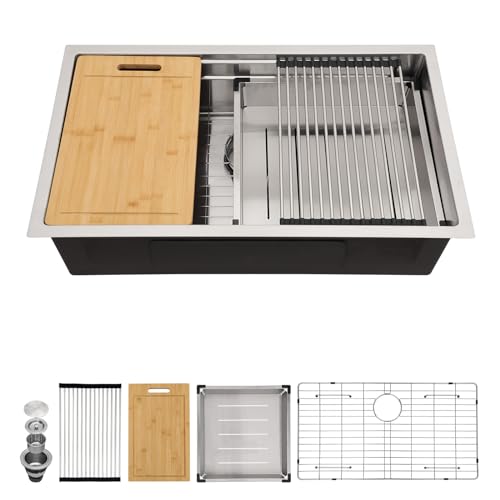 33 Undermount Kitchen Sink - Sarlai 33 x 19 Inch Kitchen Sink Dual- Tier Ledges Workstation 16 Gauge Stainless Steel Under Counter Rectangular Deep Single Bowl Kitchen Sinks Basin With Accessories
