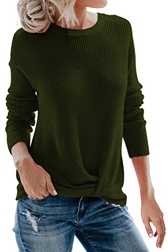 Sovoyontee Women's Long Sleeve Knit Pullover Twist Knot Sweaters Tunic Tops Dark Green L