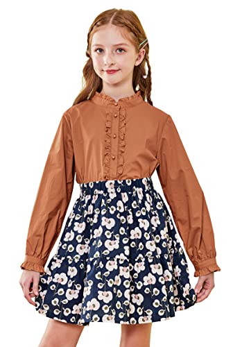Image of SOLOCOTE Girls White Blouse Ruffle Long Sleeve Button Down Shirts Princess Cotton Loose Soft Tops Spring and Summer, 190903 11-12 Brown