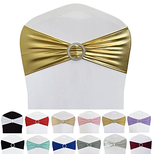 Image of Spandex Chair Sashes Bands 50PCS Stretch Chair Ties Bows with Buckle Slider for Wedding Party Banquet Decoration (Metallic Gold) | Stretch Chair Ties Bows, With Buckle Slider, For Wedding Party Banquet Decoration