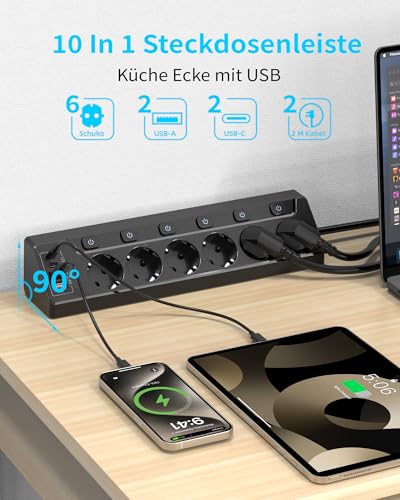 Inhwatek Eck Steckdosenleiste Überspannungsschutz mit USB C, 6 Fach Tischsteckdose Mehrfachsteckdose mit 2M Kabel (4000W,16A), Verteilersteckdose für Küchemit Heim Büro 2