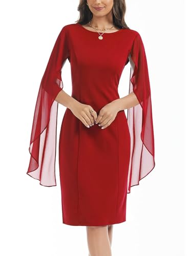 Image of HELYO Women's Chiffon Cloak Sleeve Mini Cape Dress V-Back Semi-Formal Elegant Bodycon Wedding Guest Evening Cocktail Dresses