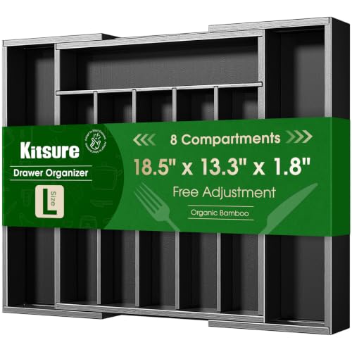 Kitsure Silverware Organizer, Bamboo Kitchen Drawer Tray, Black, Large