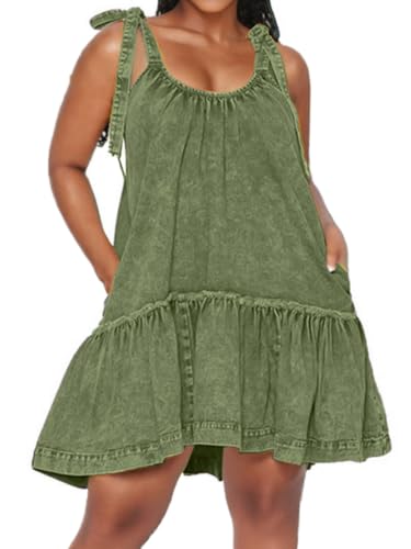 Image of Denim Dress for Women Tie Shoulder Sleeveless Denim Mini Dress Casual Flowy Babydoll Dress Wash Jean Dress