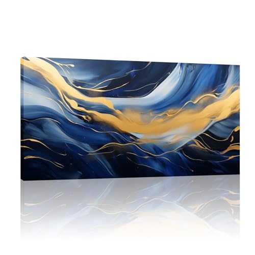 Tableau bleu et or pour réveiller un mur blanc : une majestueuse toile abstraite encadrée en bois