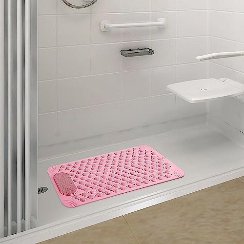 Image of VHKD PVC Bathroom Door Bath mat Anti Slip Skid with Foot Scrubber for Room Shower Suction Cups Drain Holes Silicone Floor mat Rectangle (Pink)