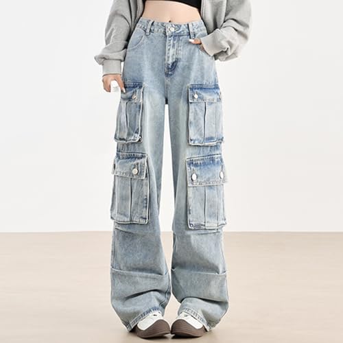 SANGTREE Women's Jeans High Waisted Y2K Casual Loose Wide Leg Cargo Denim Pants with Pockets3