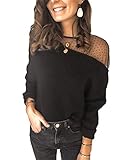 ORANDESIGNE Langarmshirts Damen Pullover Transparent Mesh Schulter Bluse Sexy Schulterfrei Oberteil Elegant Rundhals Tops Schwarz L