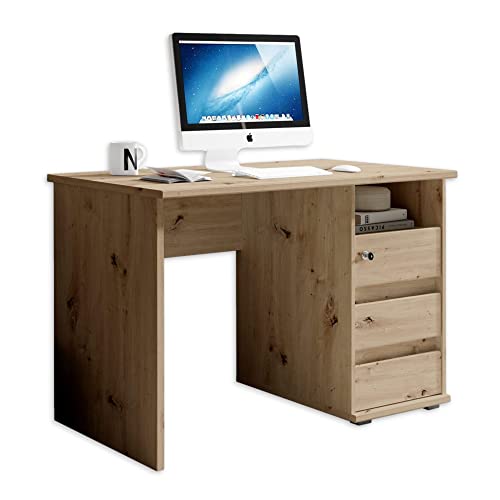Stella Trading 1 Schreibtisch mit Schubladen, Artisan Eiche Optik - Bürotisch Computertisch fürs Homeoffice mit Stauraum und offenem Ablagefach - 110 x 75 x 65 cm (B/H/T)