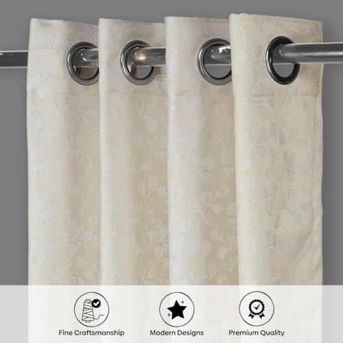 Image of haus & kinder Printed Jacquard Window Curtains 5 Feet Long Pack of 2 Window Curtains, 5 Feet Curtains for Window (Gingko Serenity, Champagne Nature 130x152 CM)