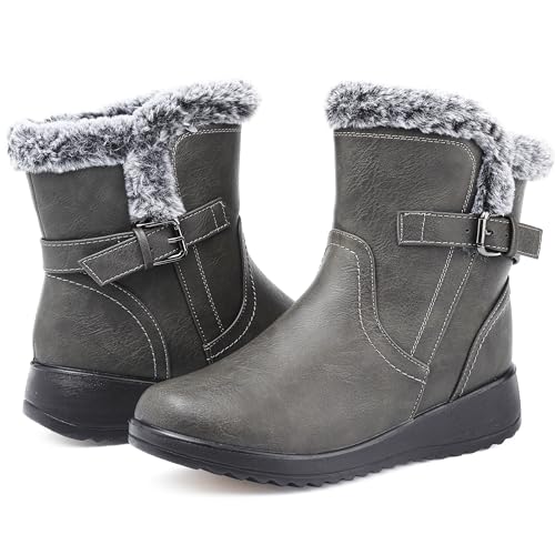 Womens Winter Snow Boots With Leather Comfortable Warm Fur Lining Zipper Ankle Booties Outdoor Platform Waterproof Walking Boots for Women Grey Size 6