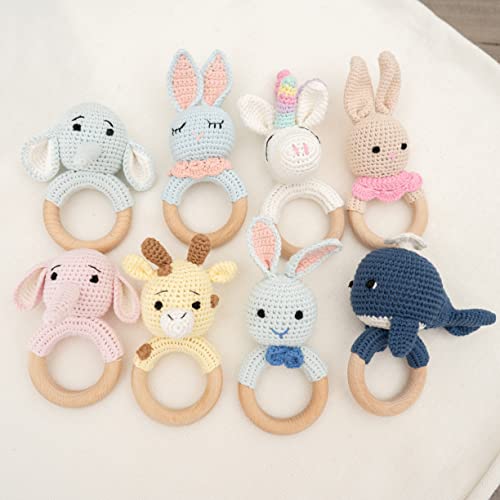 Kawaiono Handmade Cotton Crochet Rattler For Baby, Natural Amigurumi Crochet Elephant On Natural Teething Ring Rattle, Infant Toys (Pink Elephant) #TOP5