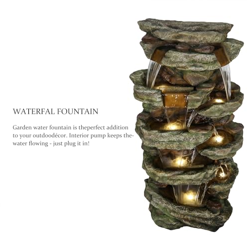 Image of SunJet 59 inch High Multi-Tiers Cascading Rock Outdoor Water Fountain with LED Lights - Large Outdoor Fountains and Waterfalls for Garden or Patio, Yard, and Deck Decor, Featuring Natural Stone Look