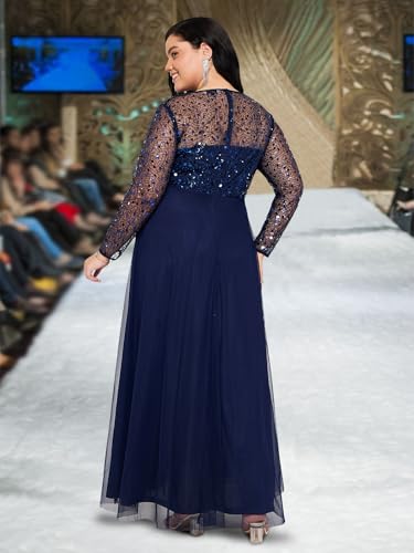Image of wild U Women Plus Size Gown Dress | Embellished | Sequinned | Non Itch Finish | Sleeves | Cocktail (Navy Blue, Size: 3XL to 8XL)