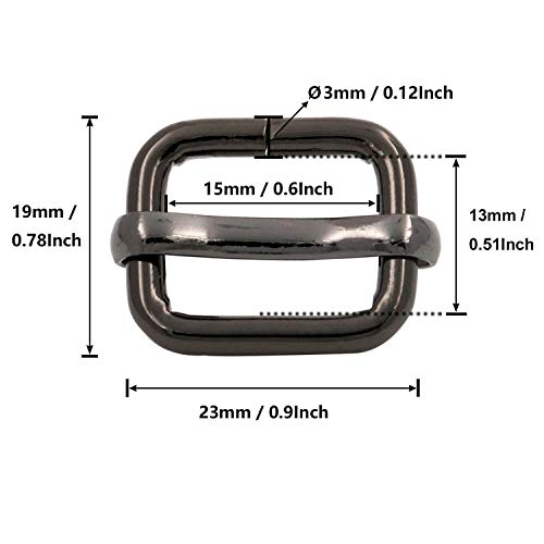 BIKICOCO Metal Slide Adjuster Buckle Tri-Glides with Movable Center Bar, for Straps, 0.6 x 0.51 Inch, Gunmetal, Pack of 50