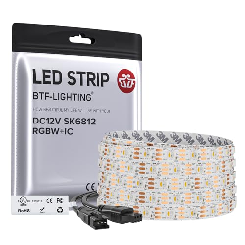 Image of BTF-LIGHTING SK6812(Similar WS2812B) UL Listed RGBW RGB+Warm White(3000K) Individually Addressable DC12V 16.4FT 60LED /m 4 Colors in 1 Light Dream LED Strip IP30 White PCB(No Adapter or Controller)