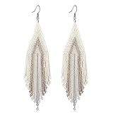 CALORVIA Bohemian Large Long Tassel Beaded Dangle Earrings Native Handmade Boho Statement Big Fringe for Women (white)