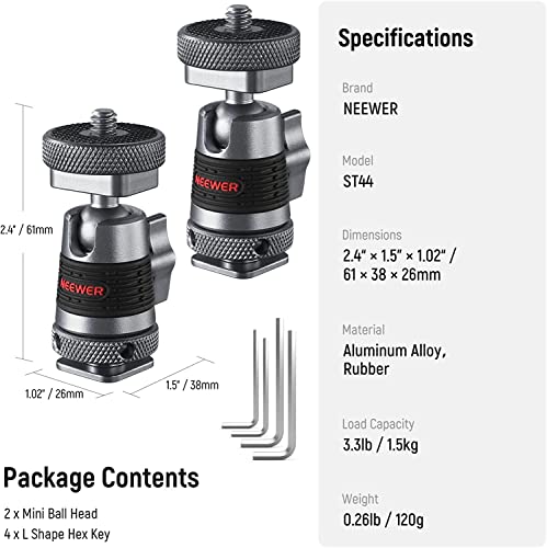 Neewer Mini Ball Head With Removable Cold Shoe Mount And 1/4” Screw, Detachable Cold Shoe Base, 2 Way Installation Compatible With Smallrig Cage, Dslr Camera, Monitor, Led Video Light (2 Packs, St44) #TOP7