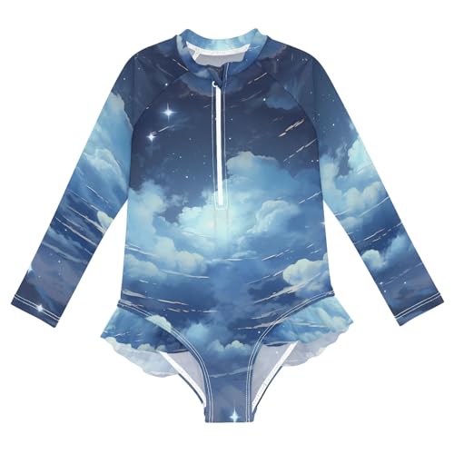 ALAZA Swimsuit for Girls Long Sleeve Rashguard Bathing Suit Cloud Blue Quick Dry 4T