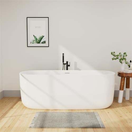 Image of 59 inch Lucite Acrylic Freestanding Bathtub, Rectangular Shape Contemporary Soaking Tub with Toe-tap Chrome Center Drain, Slotted Overflow, cUPC Certified, Glossy White