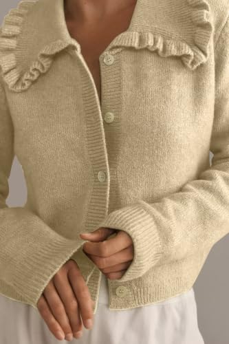 Image of Ythomm Womens Ruffle Collar Cropped Cardigans Button Down Open Front Long Sleeve Knit Sweater Jackets Casual Solid Fall Tops