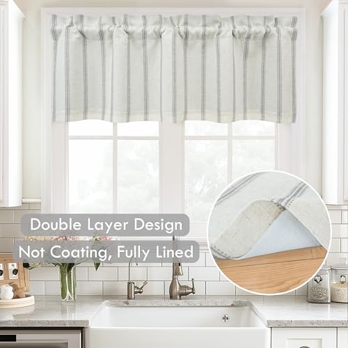 DriftAway Farmhouse Linen Lined Valance Double Layer Thermal Insulated Room Darkening Blackout Window Valances 3 Inch Rod Pocket Vertical Striped Kitchen Valance for Bathroom Single 52 x 18 Inch Gray